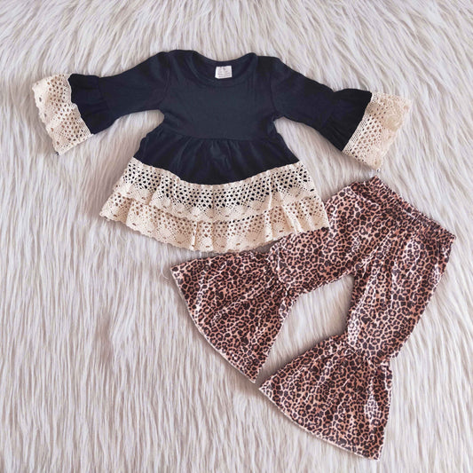 Baby Girls Black Lace Tunic Top Leopard Bell Pants Clothes Sets