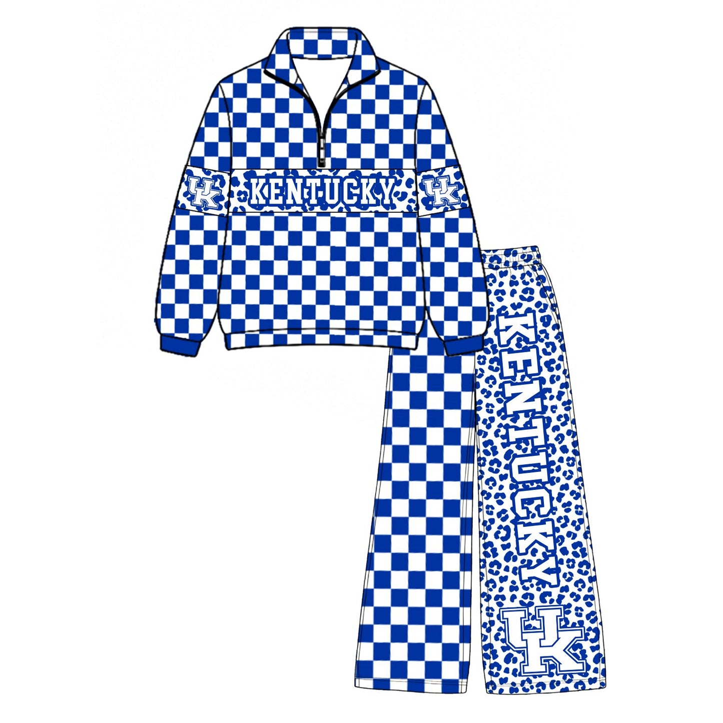 Preorder(moq 5)Baby Boys Blue Checked Leopard Kentucky Zip Pullover Pockets Pants Team Clothes Sets
