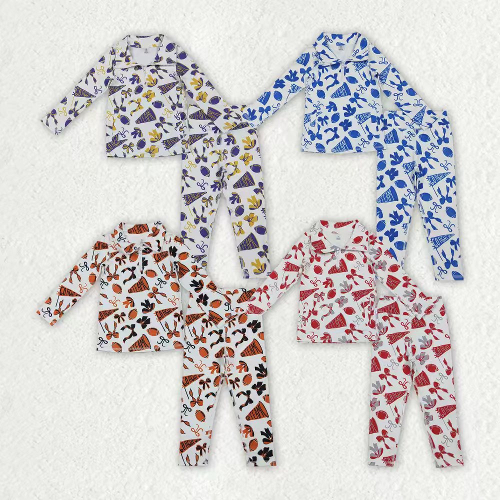 Sibling Baby Girls Bows Footballs Go Team Zipper Pullover Leggings Yoga Active Clothes Sets