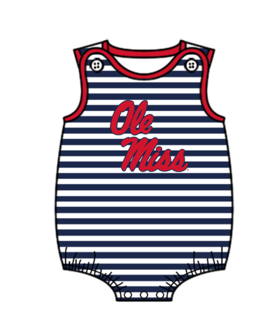 Preorder (moq 5)Baby Boys Sleeveless Navy Strip Ole Miss Team Rompers