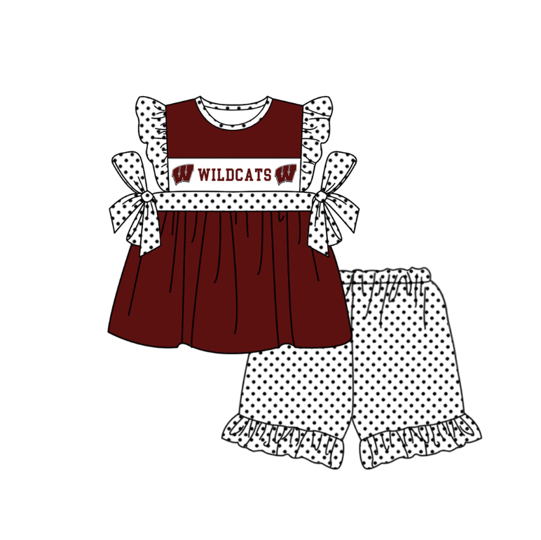 Preorder (moq 5)Baby Girls Flutter Sleeve Wildcats Tunic Polka Dots Ruffle Shorts Team Clothes Sets