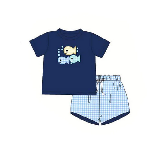Baby Boys Navy Fishes Shirt Top Shorts Clothes Sets split order preorder May 20th