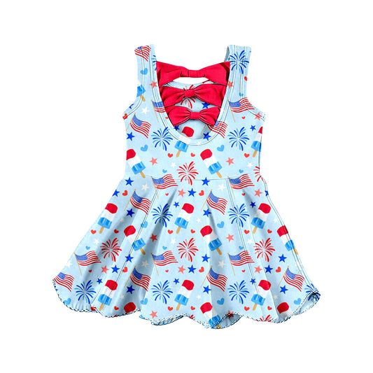 Preorder (moq 5)Baby Girls Sleeveless Popsicle Flags Scallop 4th of July Shorts Knee Length Dress
