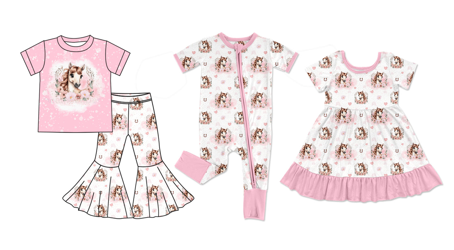 Preorder(moq 5 each)Sibling Baby Girls Cute Horse Flowers Romper Dress Bell Pants Sets