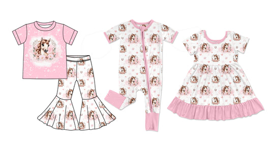 Preorder(moq 5 each)Sibling Baby Girls Cute Horse Flowers Romper Dress Bell Pants Sets