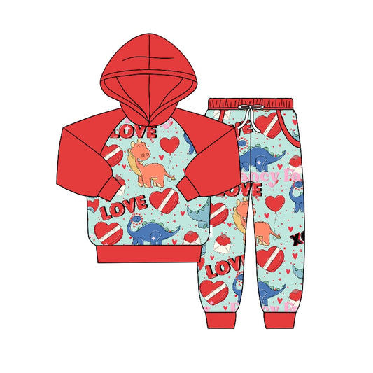 Baby Girls Dinosaur Red Hearts Hooded Shirts Pants Clothes Sets preorder(moq 5)