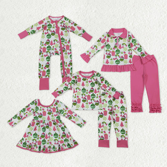 Sibling Baby Girls Green Faces Dramatic Christmas Zipper Footie Rompers Pajamas Sets