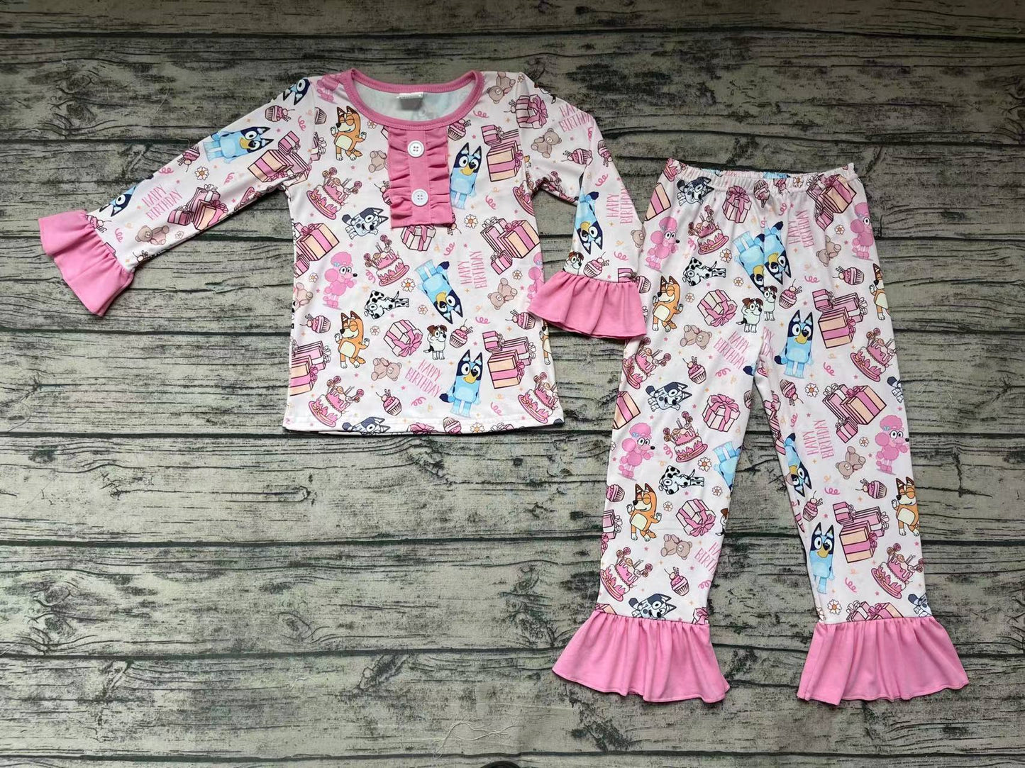 Baby Girls Pink Dogs Birthday Pajamas Clothes Sets