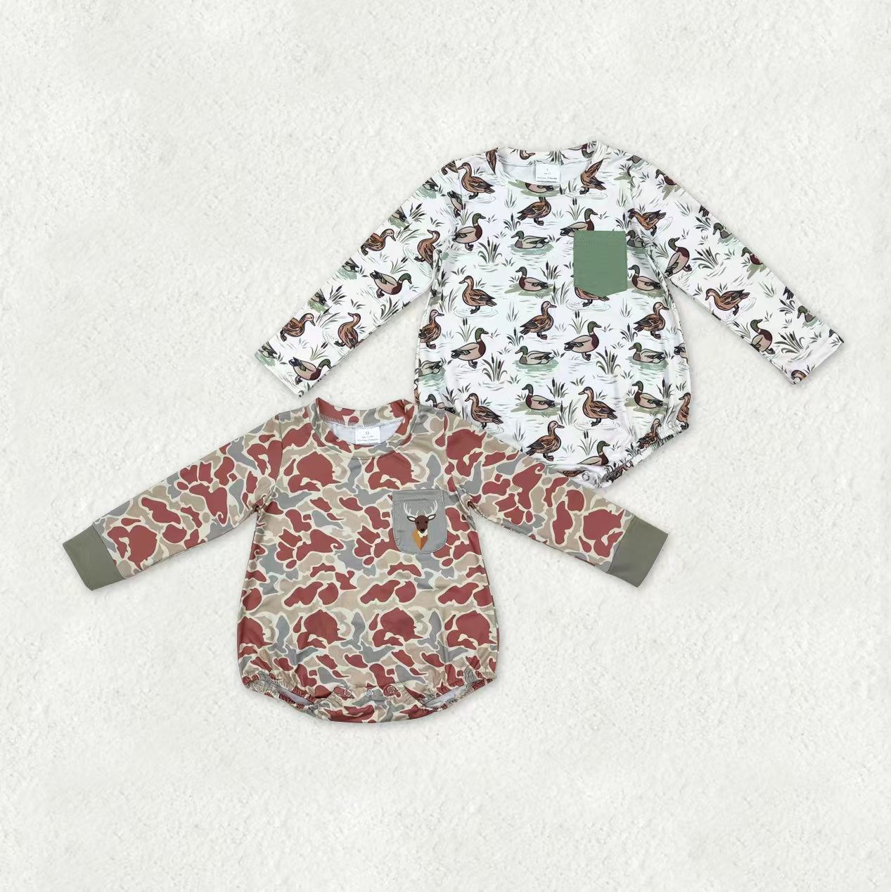 Sibling Baby Boys Long Sleeve Pockets Ducks Deer Hunting Camo Rompers