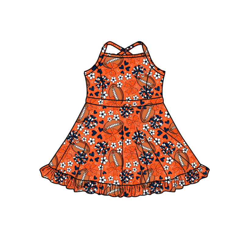 Preorder (moq 5)Baby Girls Strap Orange Hearts Footballs Team Shorts Ruffle Knee Length Dress