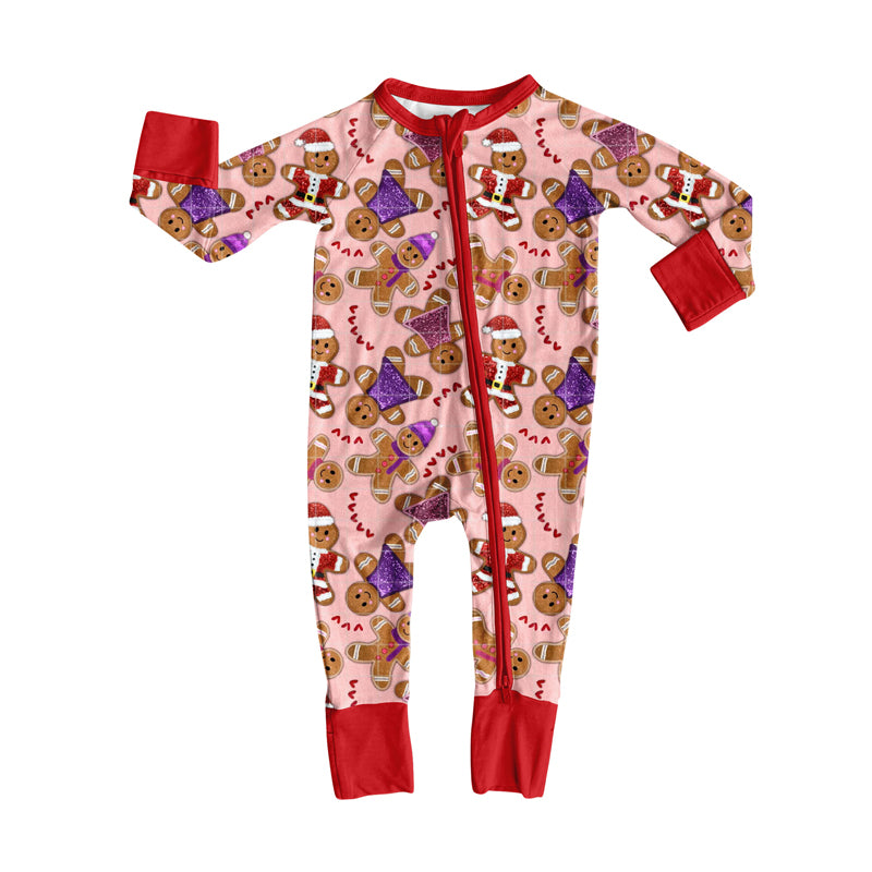 Preorder (moq 20)Baby Girls Bamboo Christmas Gingerbread Hearts Zippy Footie Rompers