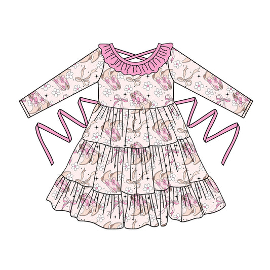 Preorder moq 5 Baby Girls Long Sleeves Pink Boots Flowers With Belt Ruffle Knee Length Dresses