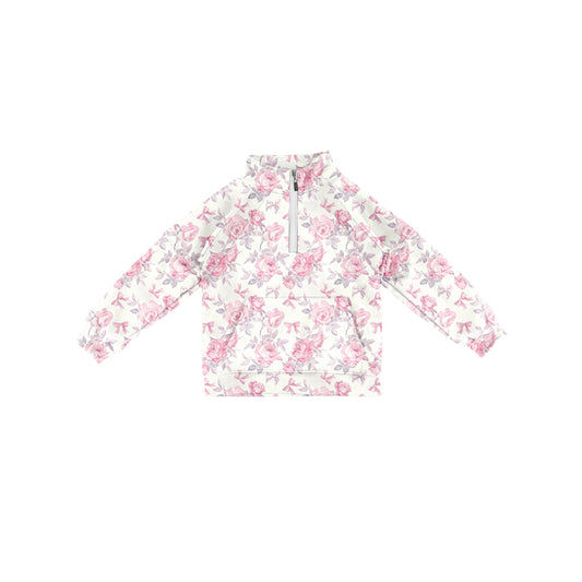 Preorder (moq 5)Baby Girls Long Sleeves Pink Flowers Pocket Zipper Pullovers Top