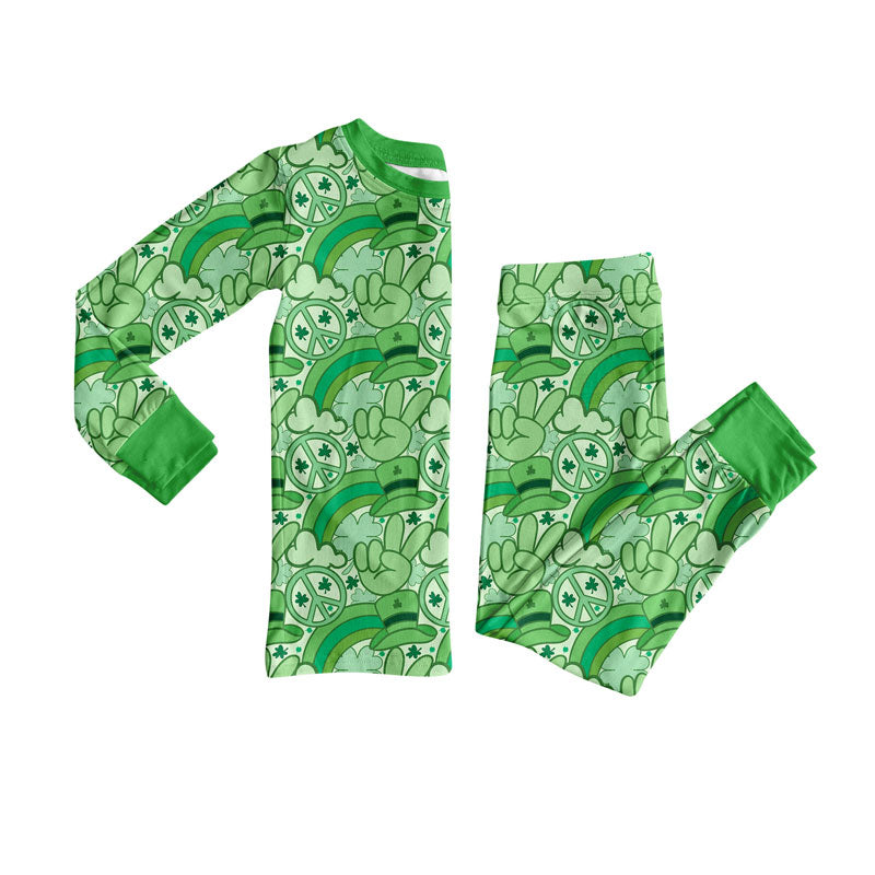 Preorder(moq 8)Baby Girls Green Hats Clovers Rainbows Top Pants St Patrick Pajamas Sets
