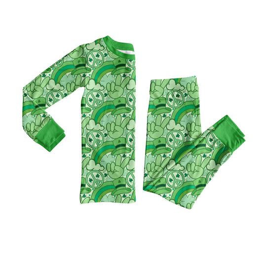 Preorder(moq 8)Baby Girls Green Hats Clovers Rainbows Top Pants St Patrick Pajamas Sets