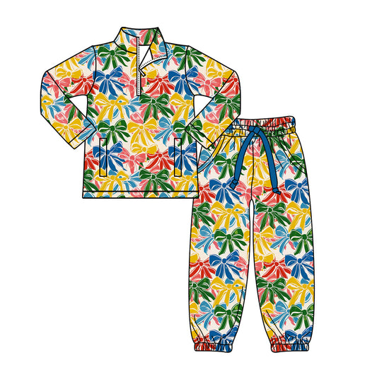 Preorder(moq 8)Baby Girls Colorful Bows Plaid Zipper Pockets Pullovers Jogger Pants Clothes Set