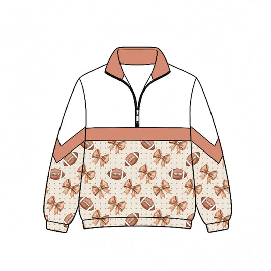 Preorder (moq 5)Baby Girls Bows Footballs Team Zip Pullovers Top