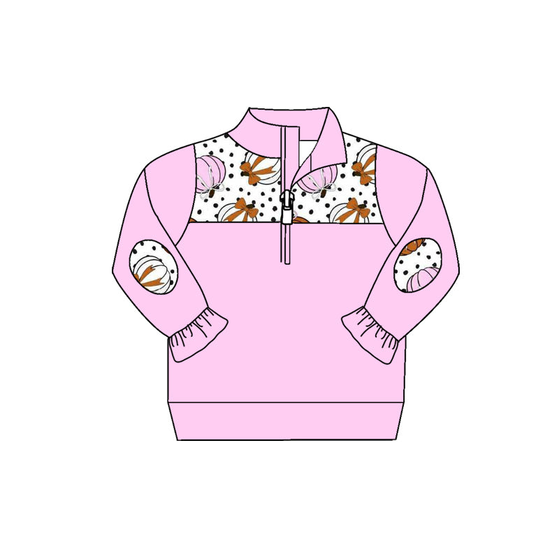 Preorder (moq 5)Baby Girls Pink Bows Pumpkins Polka Dots Fall Zip Pullovers Top
