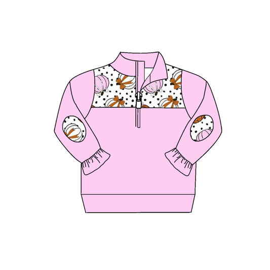 Preorder (moq 5)Baby Girls Pink Bows Pumpkins Polka Dots Fall Zip Pullovers Top
