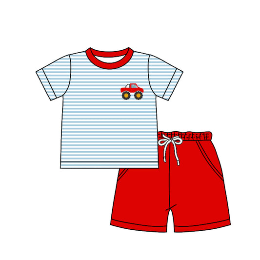 Preorder (moq 5)Baby Boys Short Sleeves Stripe Car Top Pockets Red Short Set