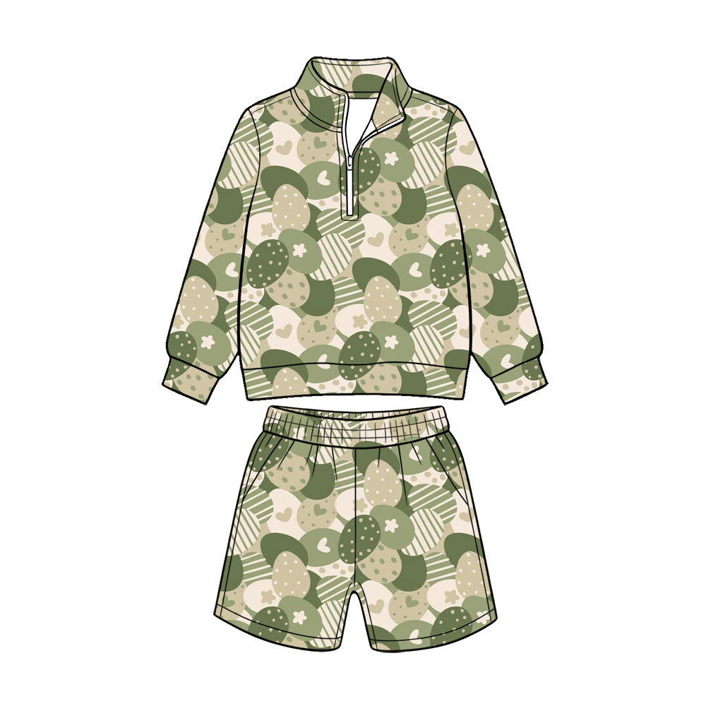 Preorder (moq 5) Baby Boy Clothes Easter Green Egg Camo Print Long Sleeve Quarter Zip Top Short Set