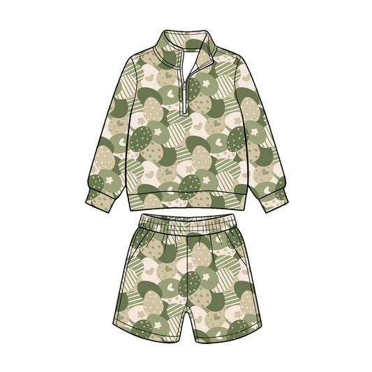 Preorder (moq 5) Baby Boy Clothes Easter Green Egg Camo Print Long Sleeve Quarter Zip Top Short Set