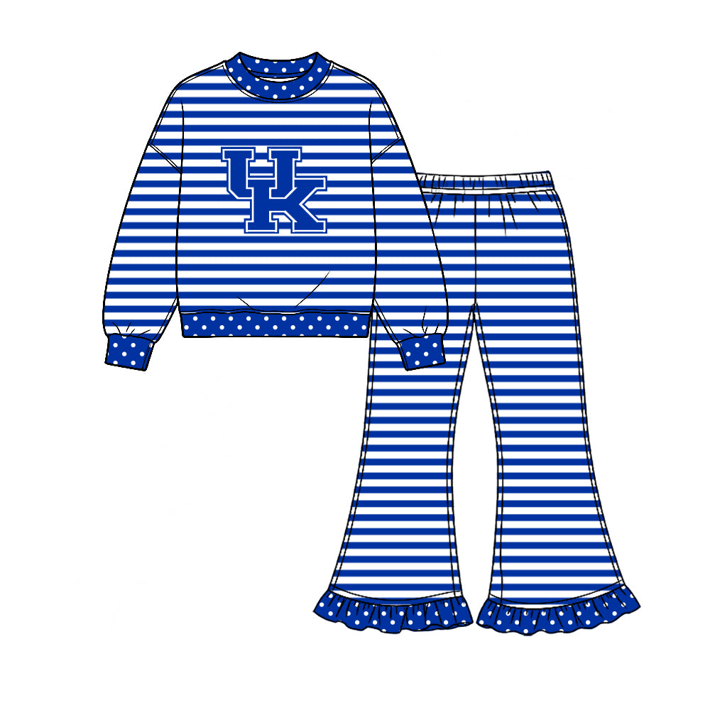 Preorder (moq 5) Baby Girl Clothes Kentucky Wildcats UK Logo Striped Print Long Sleeve Top Ruffle Flare Pant Outfit Set 2.