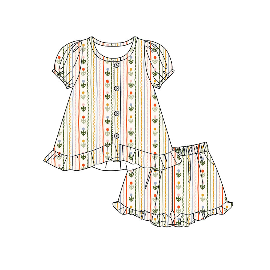 Preorder moq 5 Baby Girls Flowers Stripe Button Tunic Ruffle Shorts Clothes Set