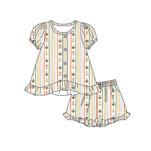 Preorder moq 5 Baby Girls Flowers Stripe Button Tunic Ruffle Shorts Clothes Set