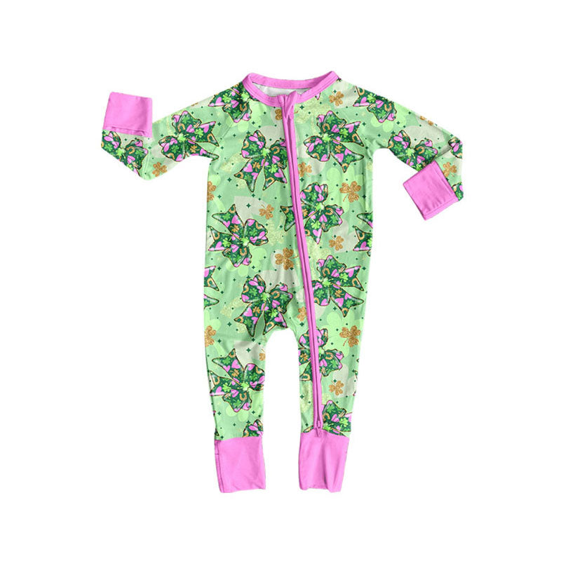 Preorder (moq 5)Baby Girls Green Clovers Bows St Patrick Zipper Footie Rompers