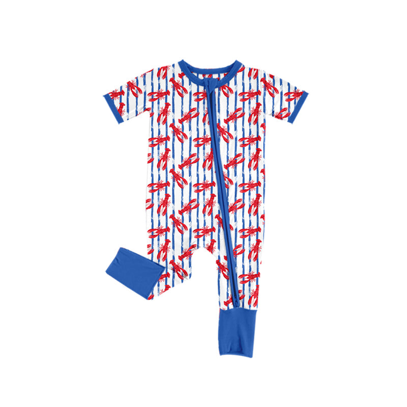 Preorder (moq 5) Baby Boy Red Lobster Blue Stripe Print Short Sleeve Zipper Romper