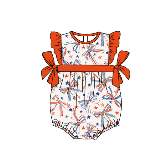 Preorder moq 5 Baby Girls Orange Flutter Sleeves Blue Bows Stars 4th Of July Ruffle Rompers