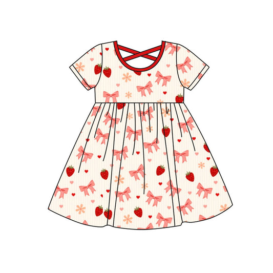 Preorder(moq 8)Baby Girls Red Bows Strawberry Hearts Valentine Knee Length Dresses