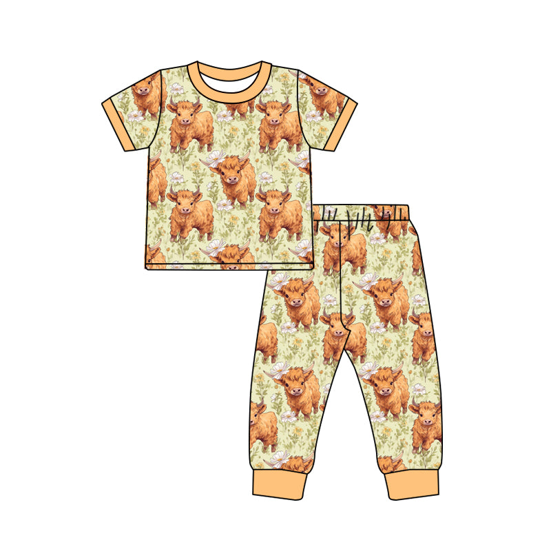 Baby Boys Western Highland Cow Short Sleeve Shirt Pants Pajamas Clothing Sets Preorder(moq 5)