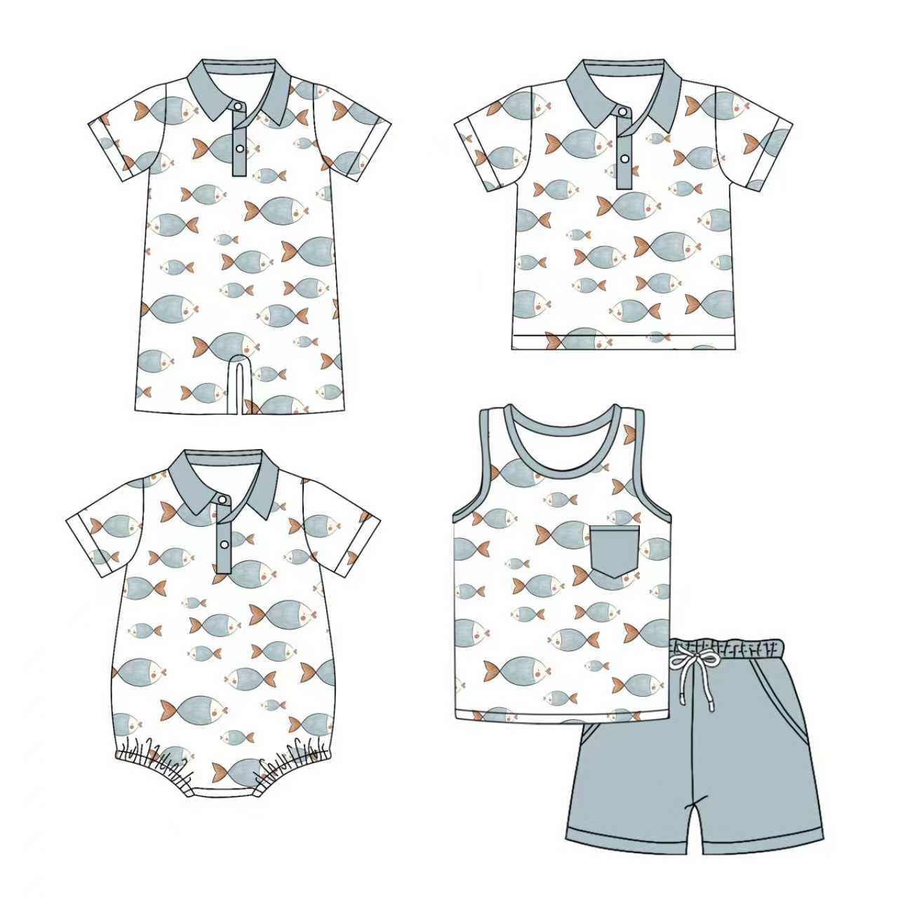 Preorder moq 5 (each item)Baby Boys Fishing Button Pocket Shorts Hunting Clothes Set Polo Shirt Rompers