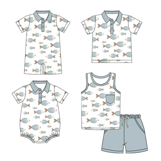 Preorder moq 5 (each item)Baby Boys Fishing Button Pocket Shorts Hunting Clothes Set Polo Shirt Rompers