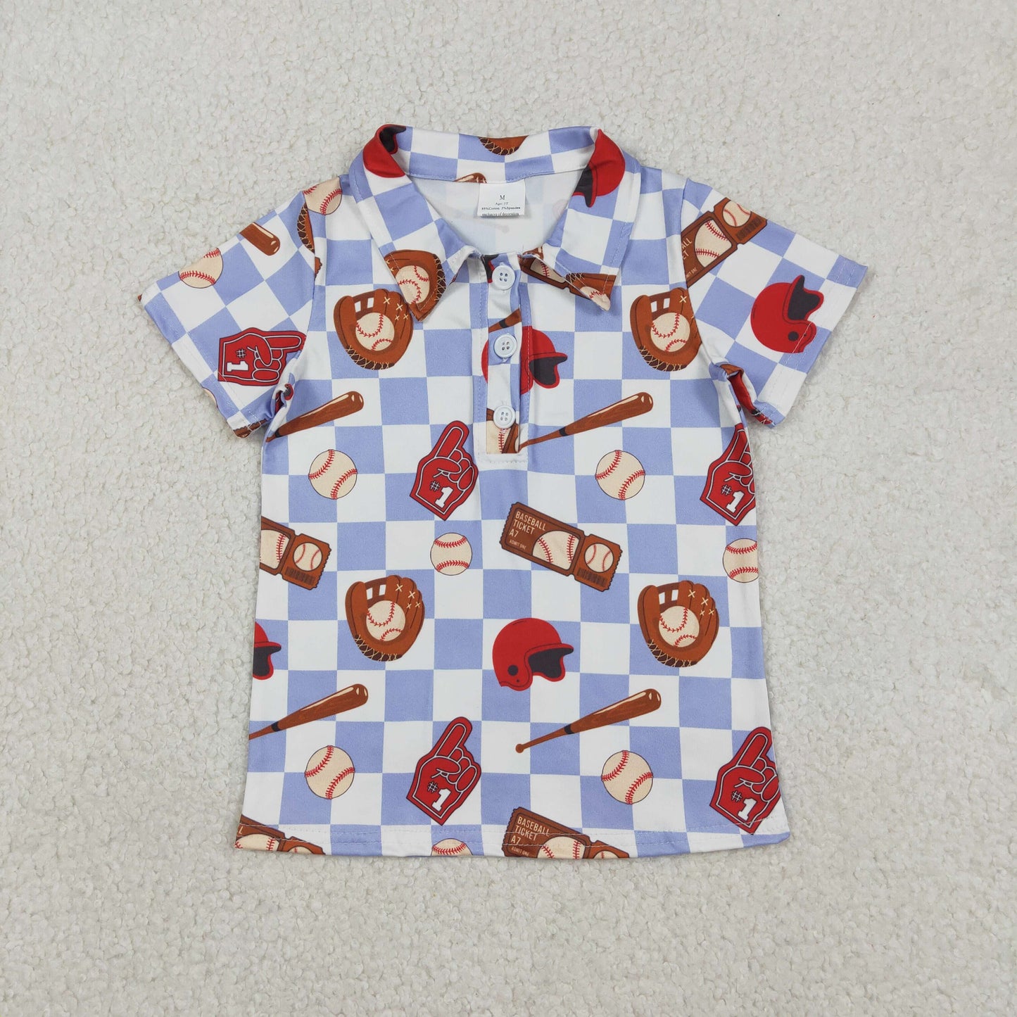 Baby Boys Blue Checked Baseballs Team Button Polo Shirts Top