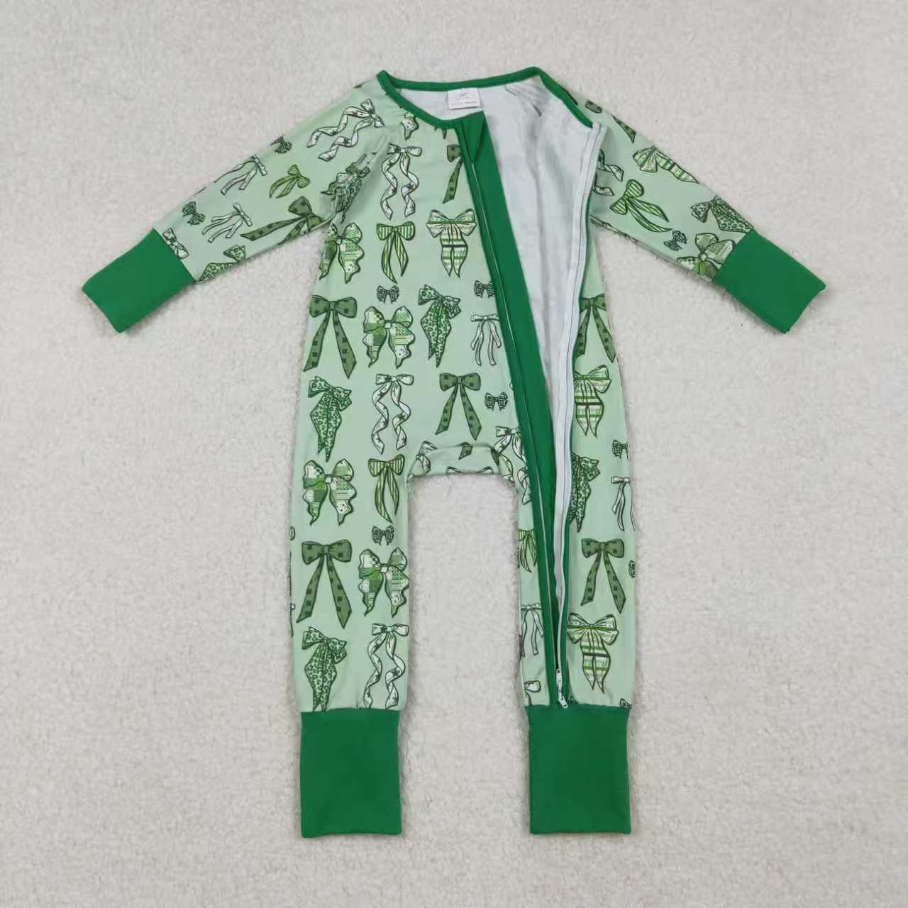 Sibling Baby Girls Green Clovers Bows Top Pants St Patrick Pajamas Sets Zipper Rompers