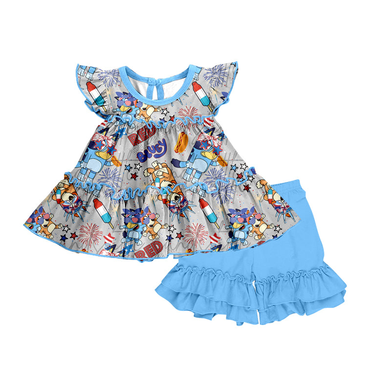 Baby Girls Dog 4th Of July Tunic Top Ruffle Shorts Clothes Sets preorder(moq 5)