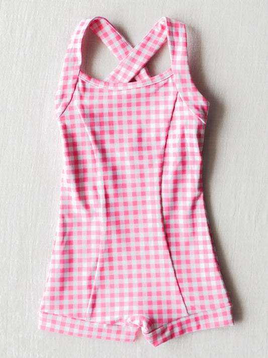 Baby Girls Pink Checkered Straps Swimsuits Preorder (moq 5)