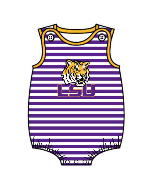 Preorder (moq 5)Baby Boys Sleeveless Purple Strip LSU Tigers Team Rompers
