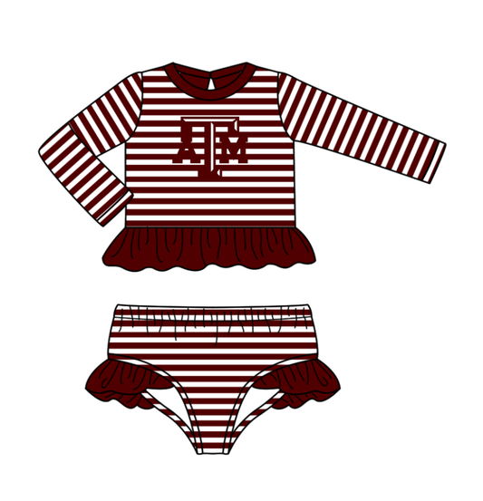 Preorder (moq 5)Baby Girls Dark Red Stripe ATM Ruffle Top Bummies Team 2 Piece Swimsuits