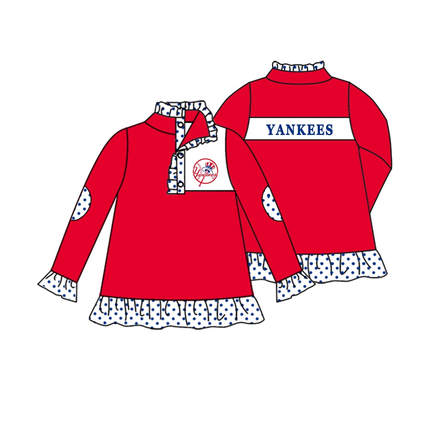 Preorder (moq 5)Baby Girls Red Long Ruffle Sleeve Yankees Team Zip Pullovers Top