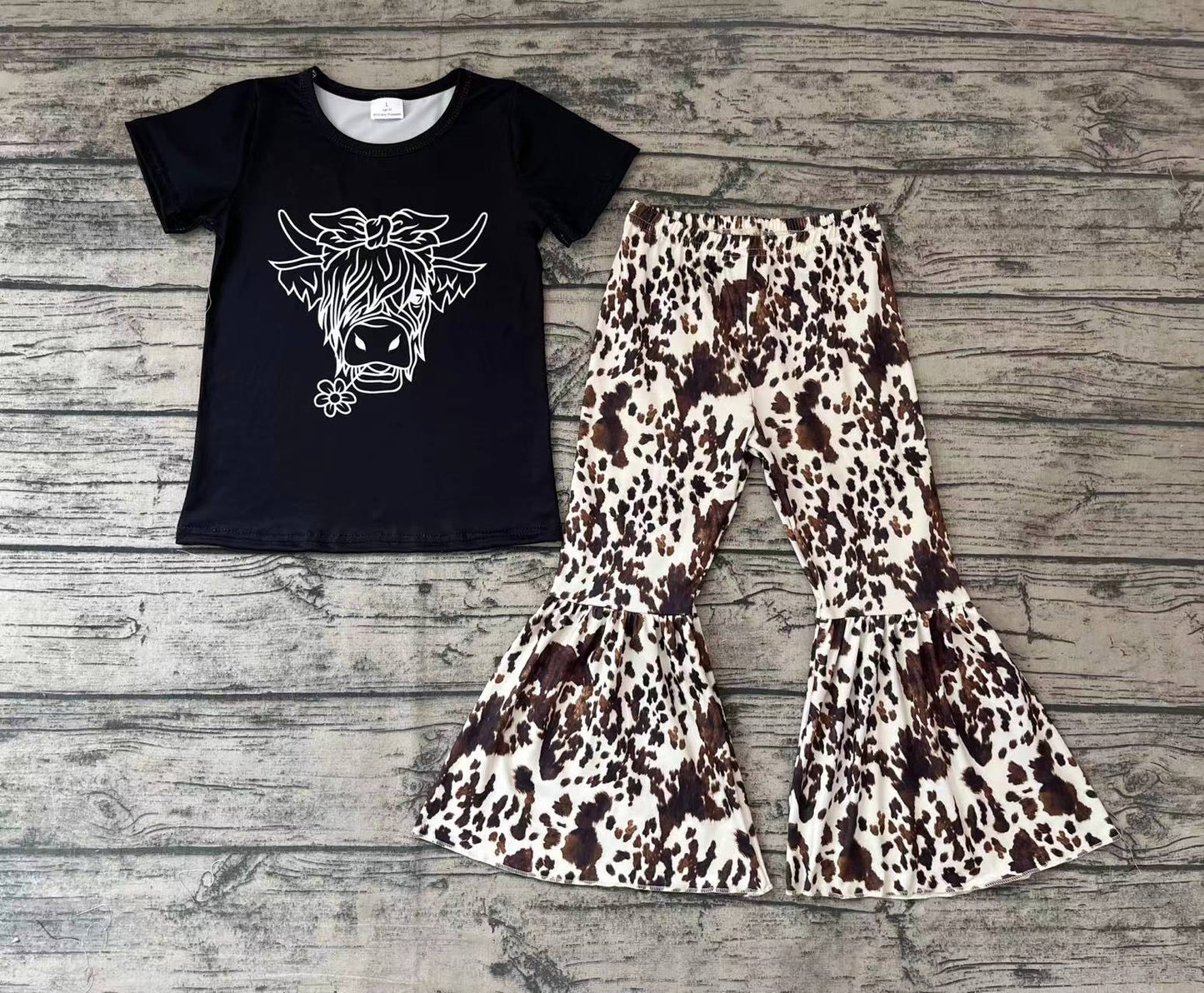 Baby Girls Black Shirt Cow Print Bell Pants Clothes Sets