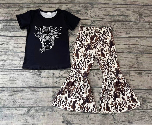 Baby Girls Black Shirt Cow Print Bell Pants Clothes Sets