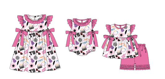 Preorder(moq 5 each)Sibling Baby Girls Singer Pink Bows Romper Dress Shorts Sets