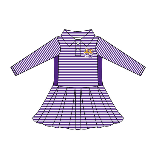 Preorder (moq 5)Baby Girls Long Sleeve Stripe Button LSU Tiger Team Knee Length Dresses
