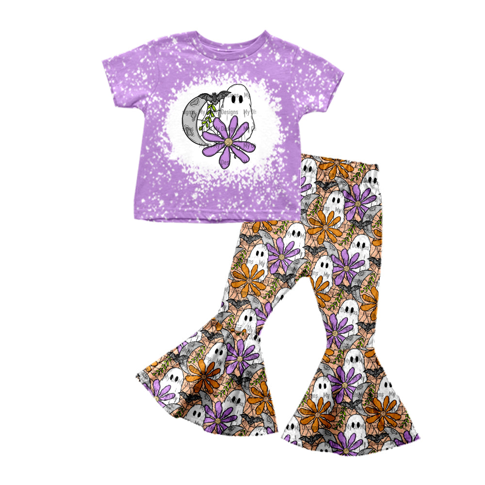 Baby Girls Ghost Flowers Halloween Short Sleeve Shirt Bell Pants Clothing Sets Preorder(moq 5)