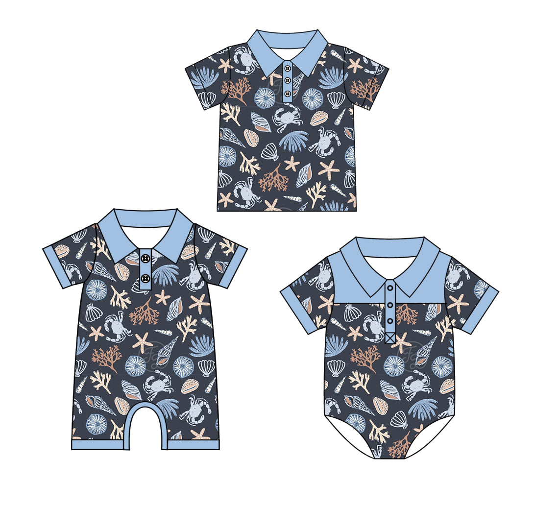 Preorder moq 5 Custom Baby Boys Blue Sea World Button Polo Shirt Rompers