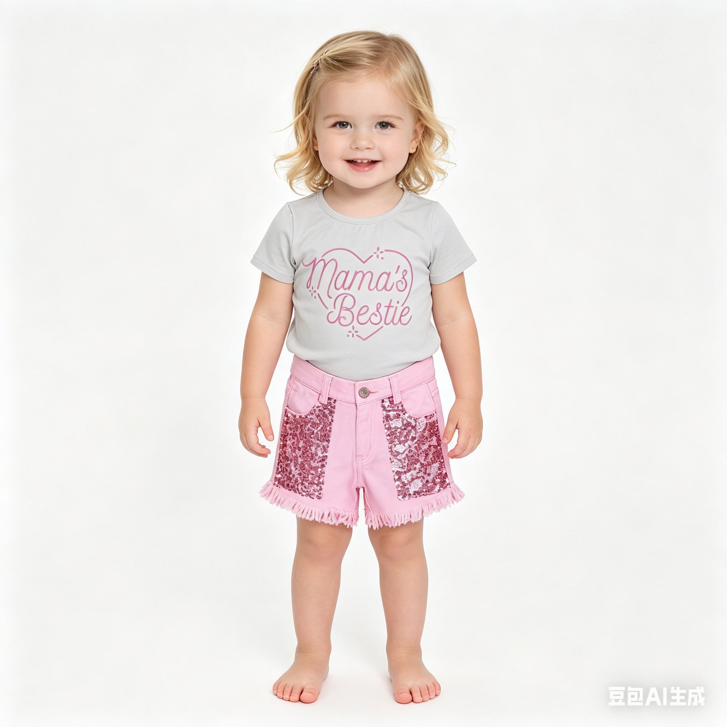 Baby Girls Mama's Bestie Shirt Top Sequin Denim Shorts Clothes Sets